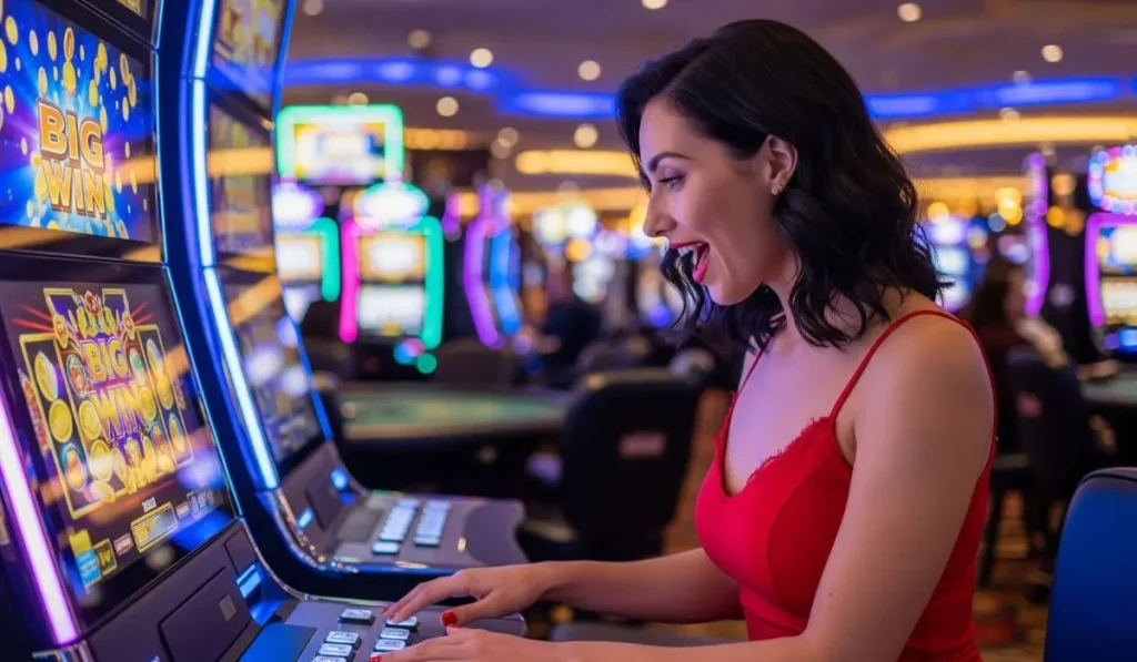 Woman playing slot machine at a casino