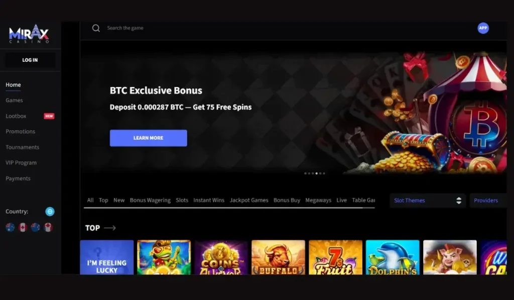 Mirax casino showing diverse games and instant crypto payouts.