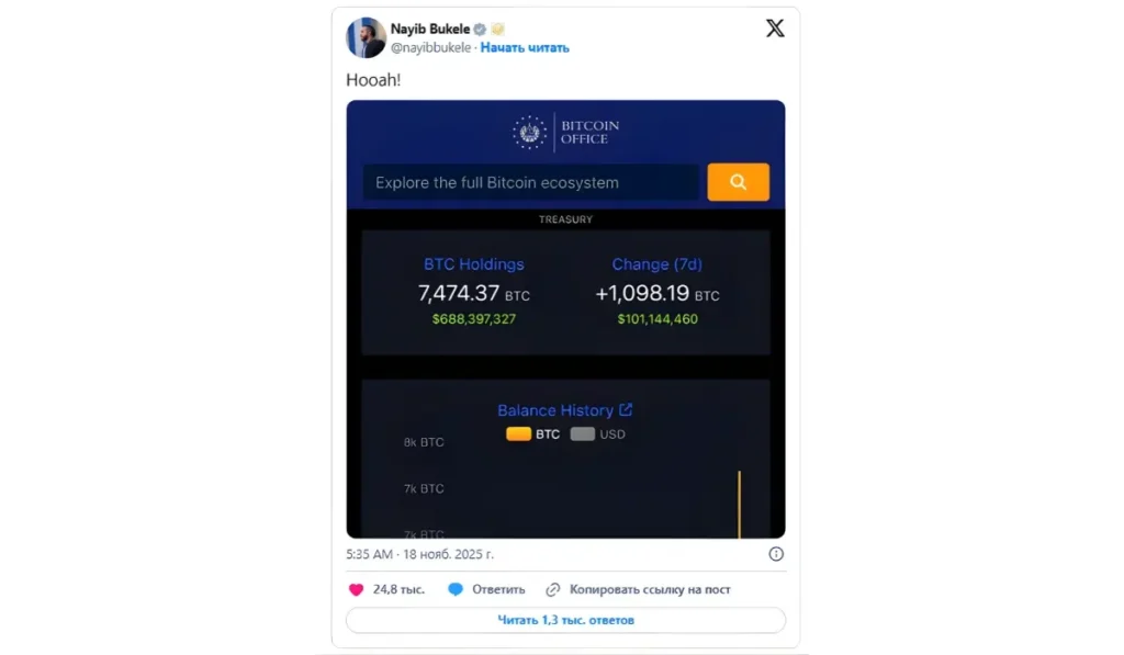Nayib Bukele posted a screenshot on X showing the government’s bitcoin holdings