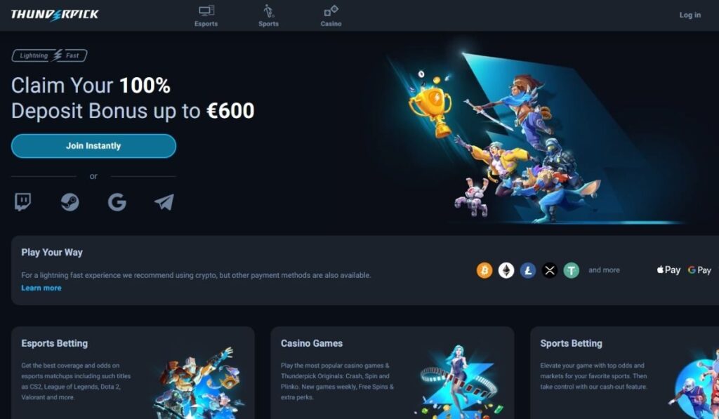 A sleek Thunderpick Casino interface showing esports betting markets, live match streams, and fast Bitcoin deposit options.