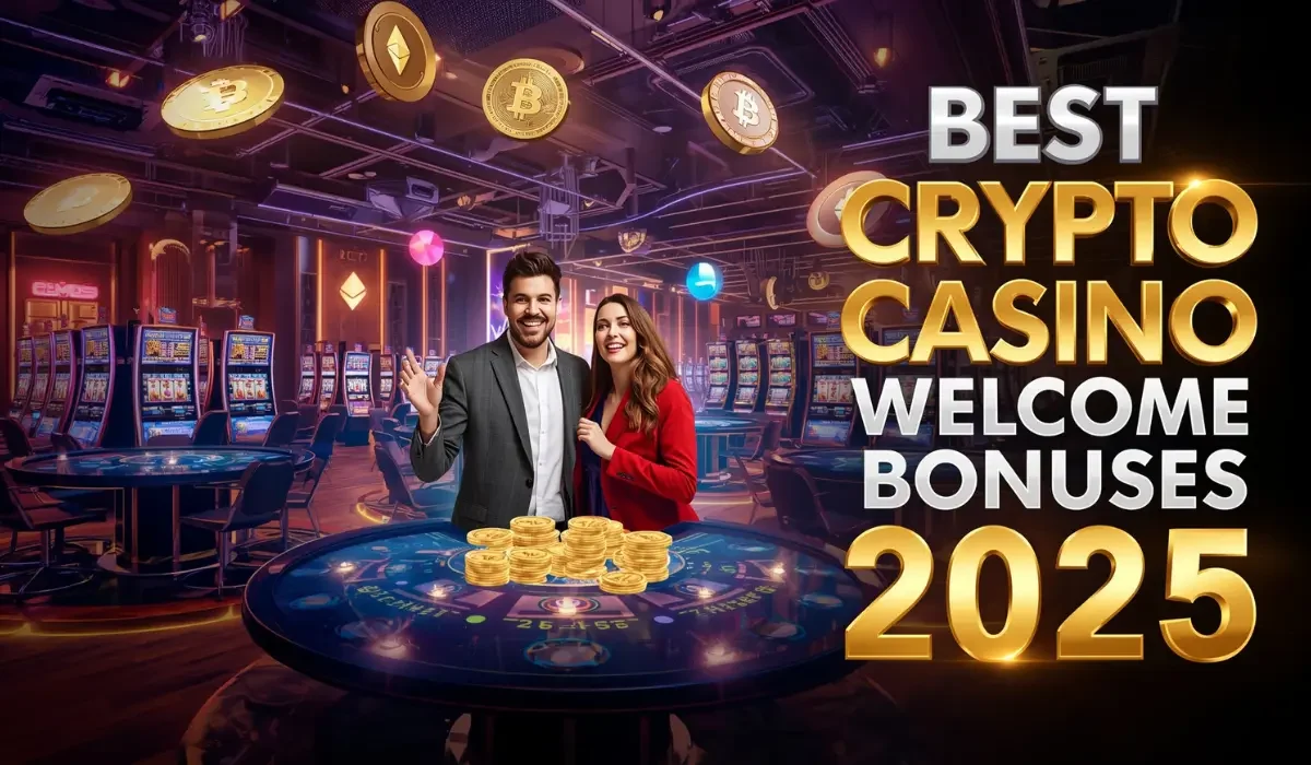 Crypto casino welcome bonuses 2025 with glowing BTC symbols and slot machines.