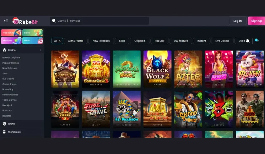 RakeBit Casino homepage showing online slots and crypto betting options.