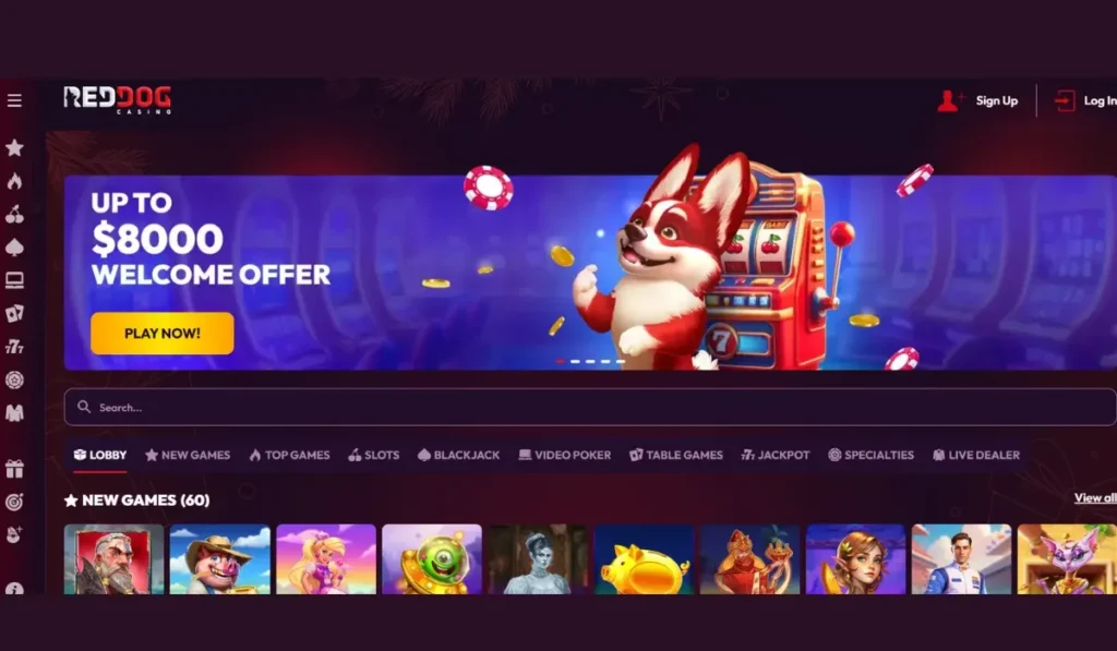 Red Dog Casino with colorful slots, friendly mascot, and user-friendly interface.